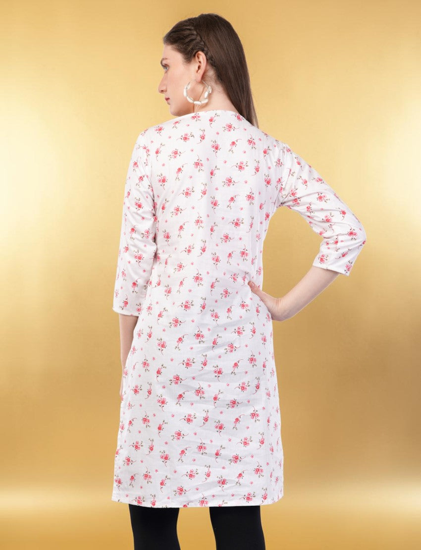 Eelika women's white cotton kurti featuring a pink floral print, 3/4 sleeves, and above-knee length, back view.