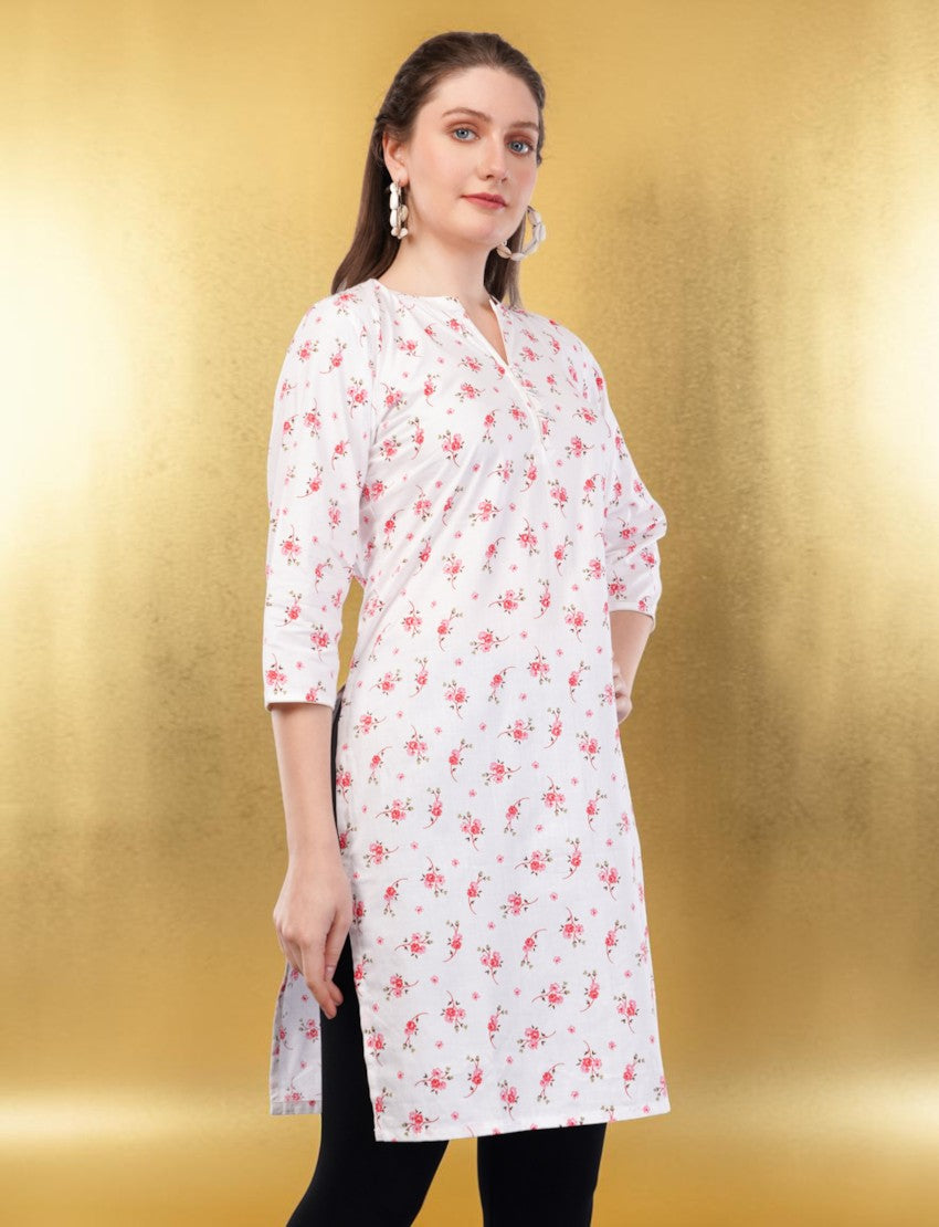 Eelika women's white cotton kurti featuring a pink floral print, V-neck, and 3/4 sleeves against a gold background.