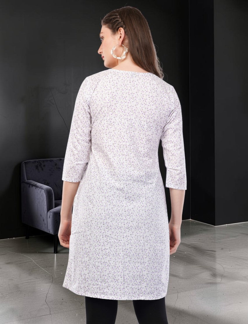 Eelika women's white cotton kurti featuring a purple floral print, round neck, and 3/4 sleeves, back view.