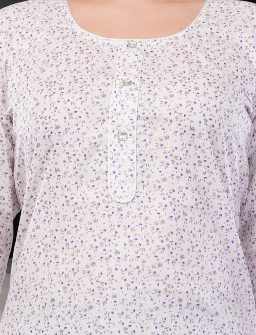 Eelika women's white cotton kurti featuring a delicate purple floral print, round neck, and button-down placket.