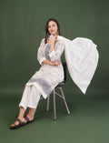 Eelika white and grey cotton printed salwar suit set with 3/4 sleeve knee-length kurta, trousers, and dupatta