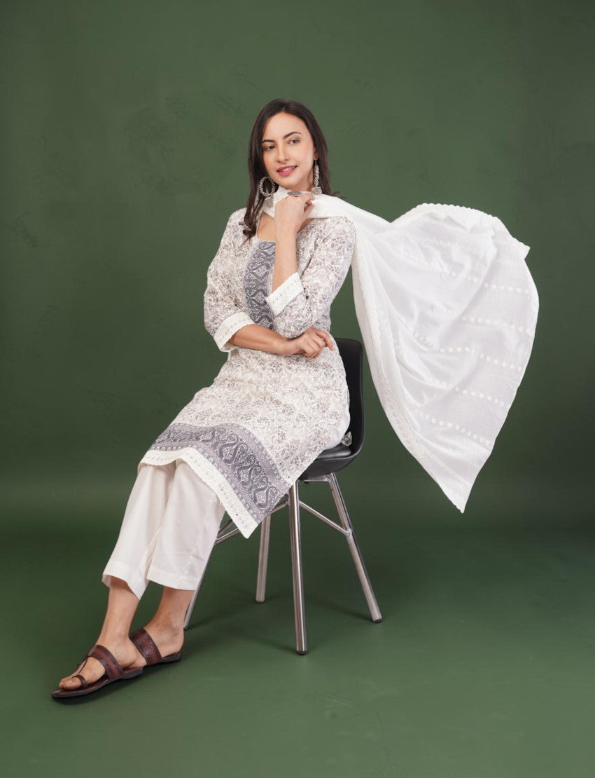Eelika white and grey cotton printed salwar suit set with 3/4 sleeve knee-length kurta, trousers, and dupatta