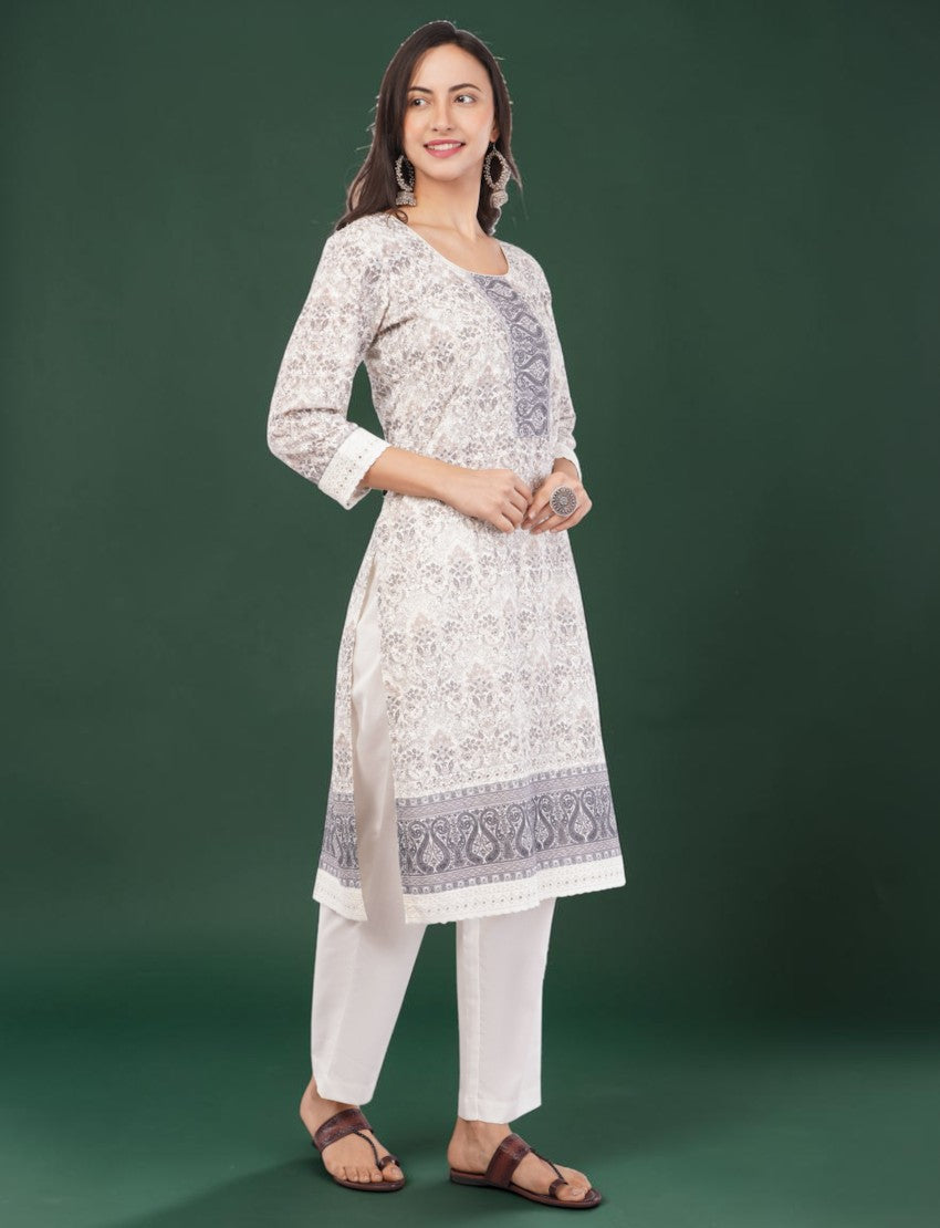 Eelika white and grey cotton printed knee-length kurta with 3/4 sleeves and trousers worn by a model