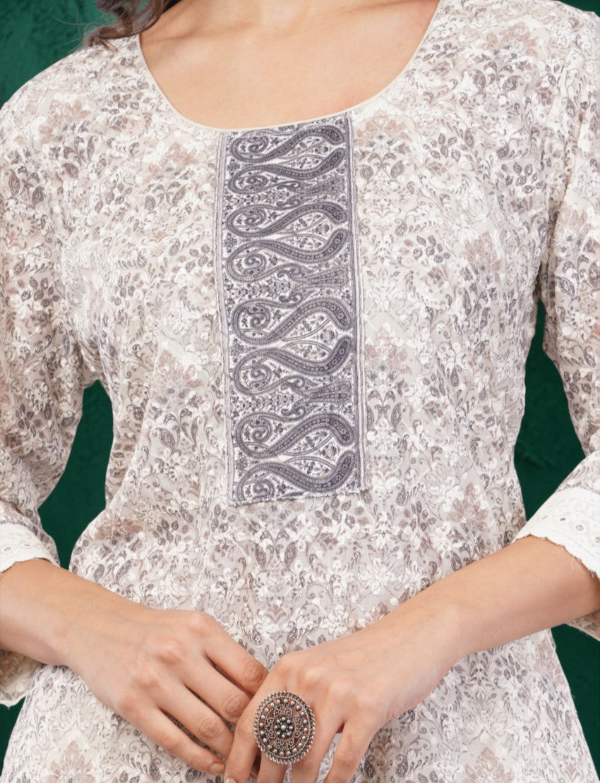 Eelika white and grey cotton kurta with 3/4 sleeves featuring a detailed paisley print panel and round neckline