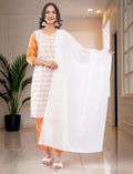 Eelika white and orange cotton salwar suit set with geometric print, V-neck, 3/4 sleeves, and matching dupatta