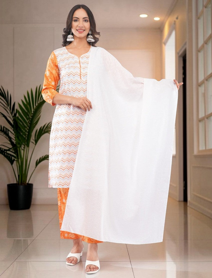 Eelika white and orange cotton salwar suit set with geometric print, V-neck, 3/4 sleeves, and matching dupatta