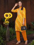 Eelika yellow and orange cotton Bandhani print salwar suit with embroidery, 3/4 sleeves, and matching dupatta