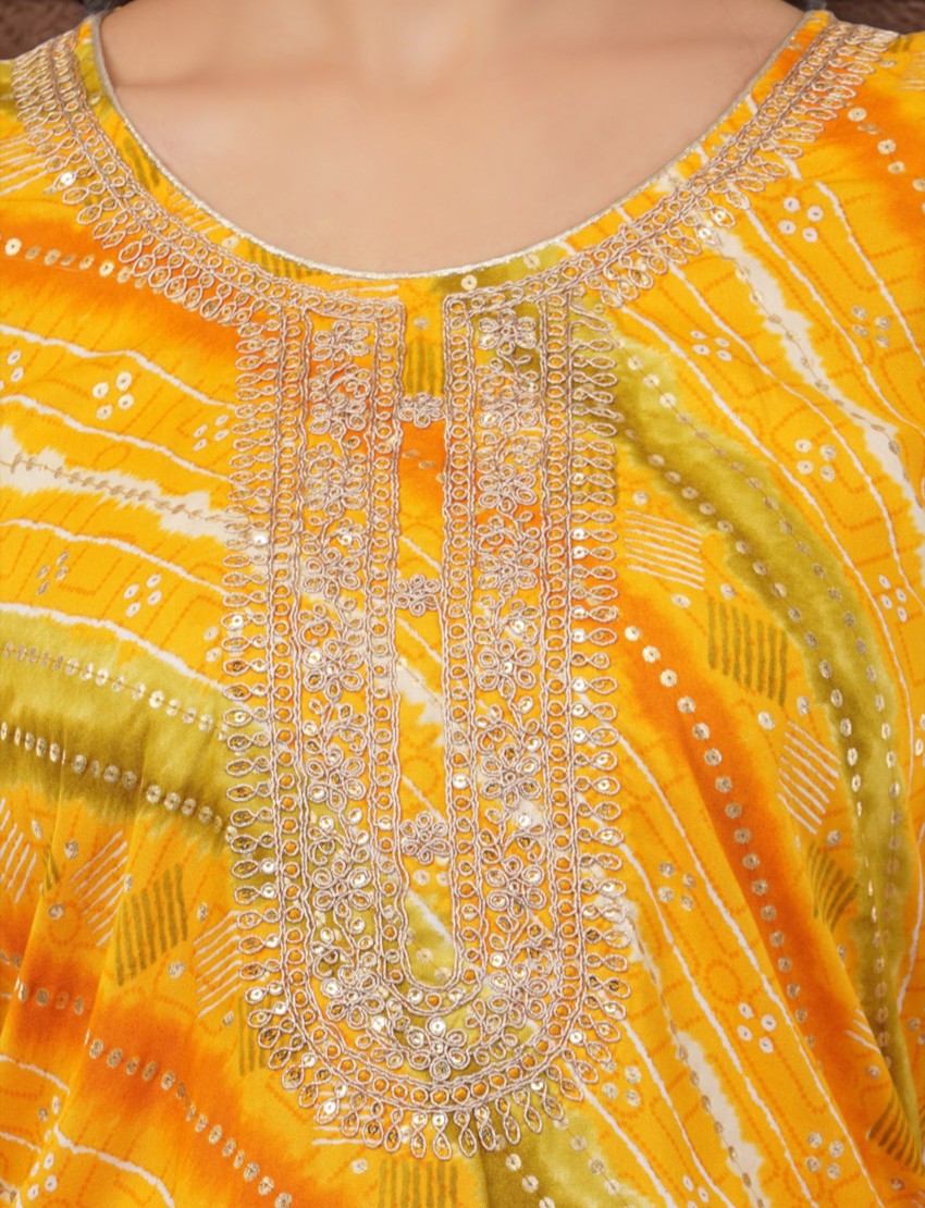 Eelika yellow and orange cotton salwar suit with traditional Bandhani print and intricate embroidered neckline detail