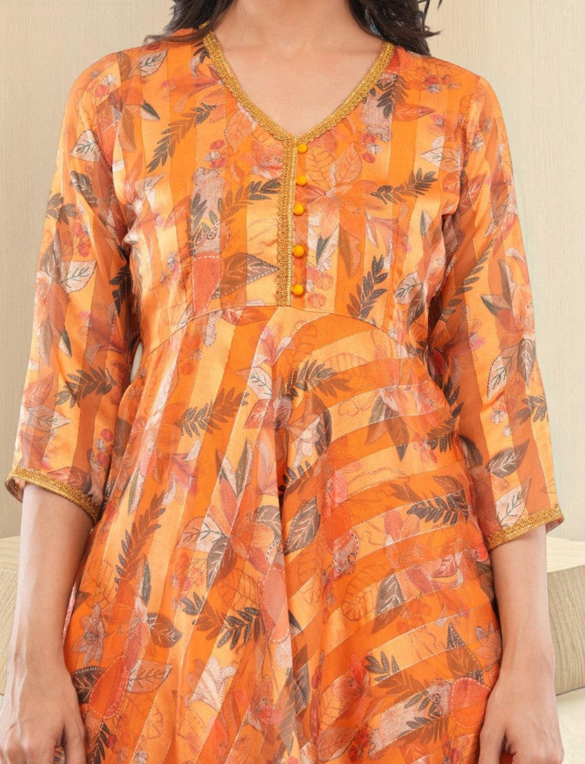 Eelika yellow chiffon calf length salwar suit with V-neck, 3/4th sleeves, and geometric floral print