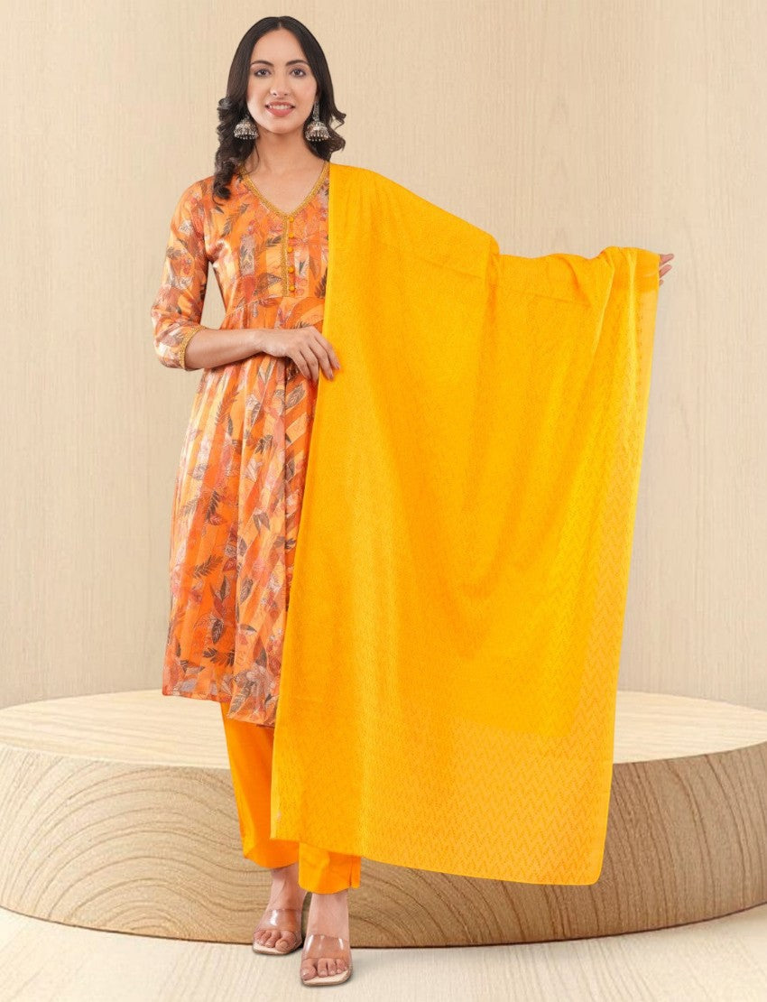Eelika women's yellow chiffon calf length salwar suit set with geometric print, V-neck, and matching dupatta