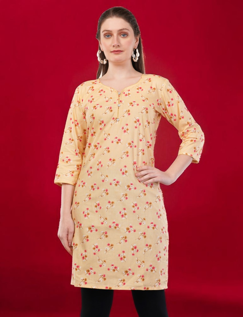 Eelika women's yellow cotton kurti with floral print, round neck, and 3/4 sleeves against a red background
