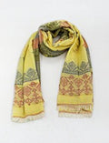 Eelika yellow cotton stole featuring grey and rust geometric patterns and delicate fringed ends
