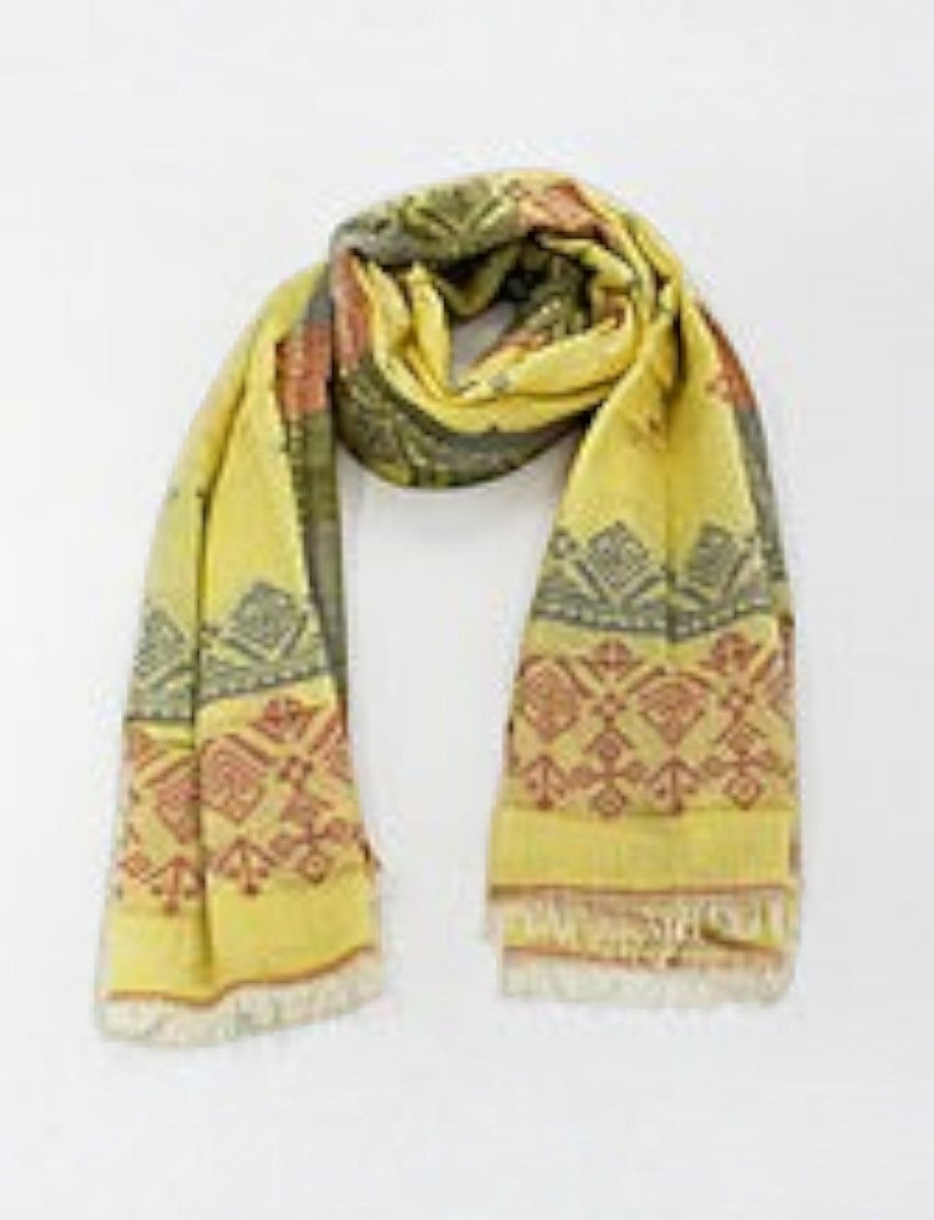 Eelika yellow cotton stole featuring grey and rust geometric patterns and delicate fringed ends