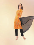 Eelika yellow printed cotton kurta set with V-neck, three-quarter sleeves, black trousers, and a matching dupatta.