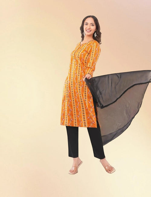 Women's Yellow Pure Cotton Straight Printed Three-Quarter Sleeves Kurta Set