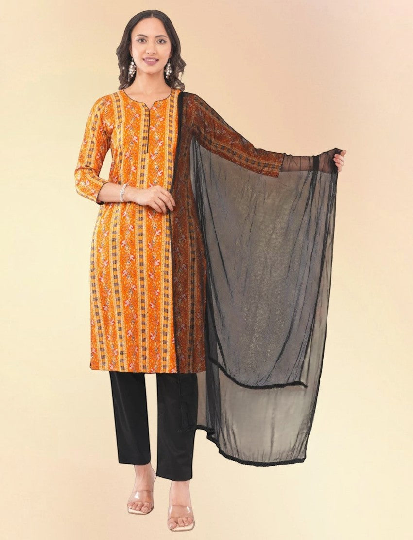 Eelika yellow printed cotton kurta set with V-neck, three-quarter sleeves, black trousers, and a black dupatta.
