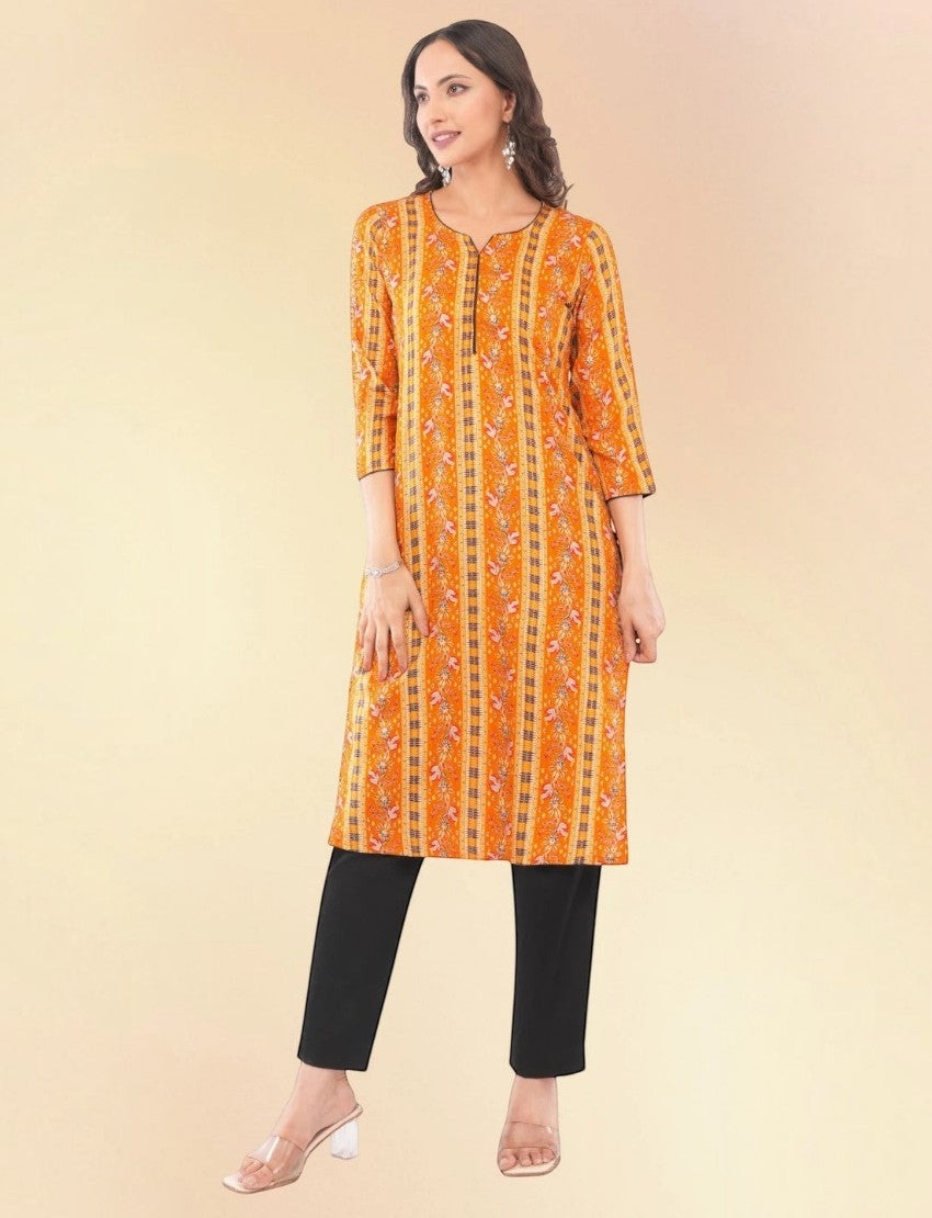 Eelika yellow printed cotton calf-length kurta with V-neck, three-quarter sleeves, and black trousers