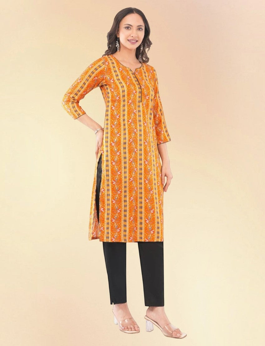 Eelika yellow printed cotton calf-length kurta set with V-neck, three-quarter sleeves, and black trousers