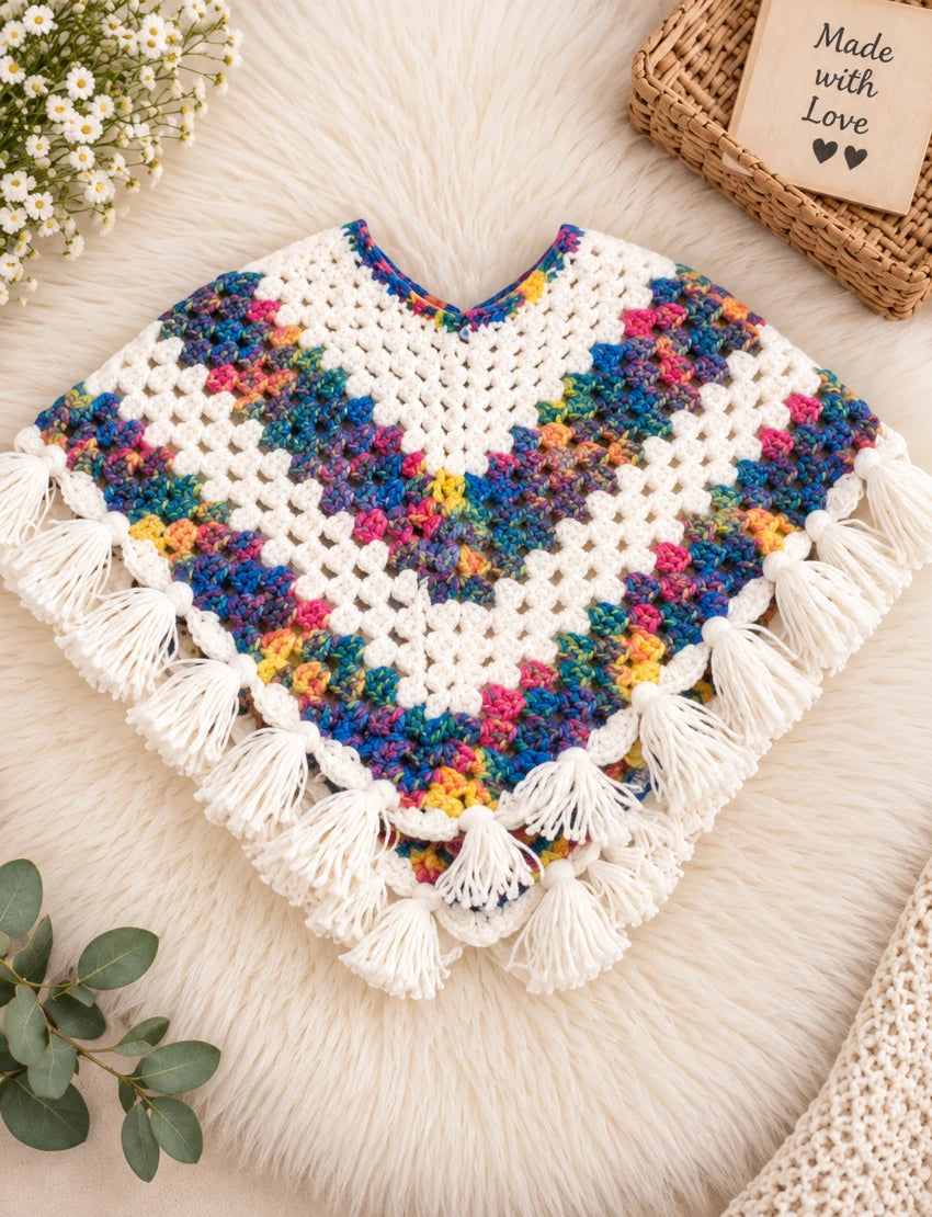 [6 Months - 1 Year] Handknitted Rainbow Striped Woolen Poncho and Cap Set for Kids