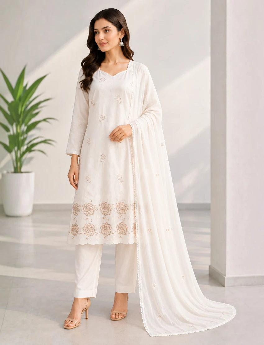 Cotton Salwar Suit Set with Daman Embroidery - Brown