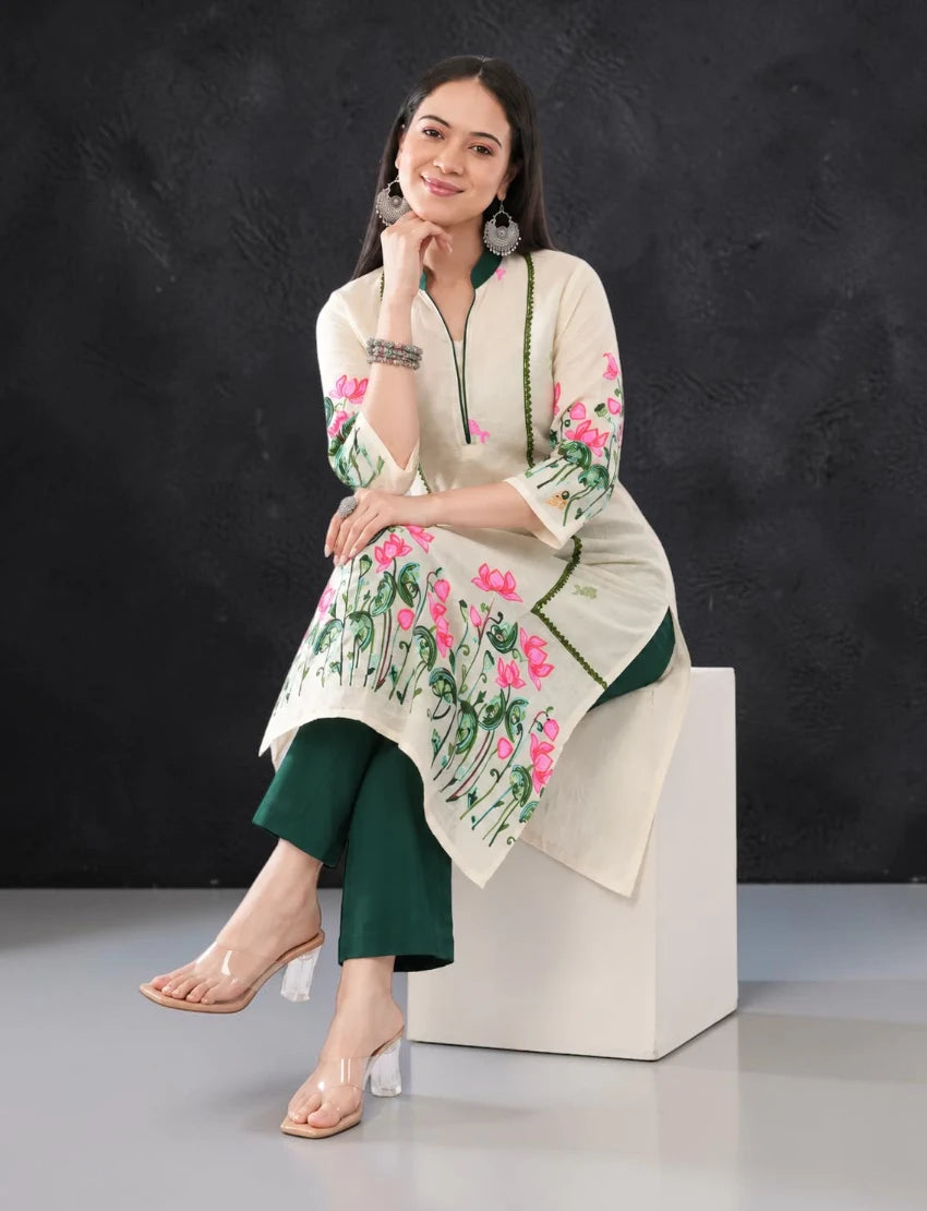 Off White Embroidered Cotton Salwar Suit Set