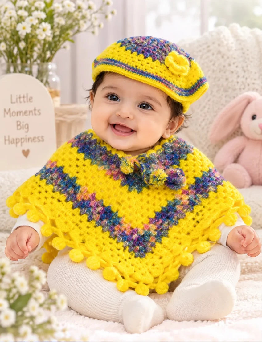 [3-6 Months] Handknitted Woolen Poncho and Cap Set for Kids, Yellow with Multicolor Pattern