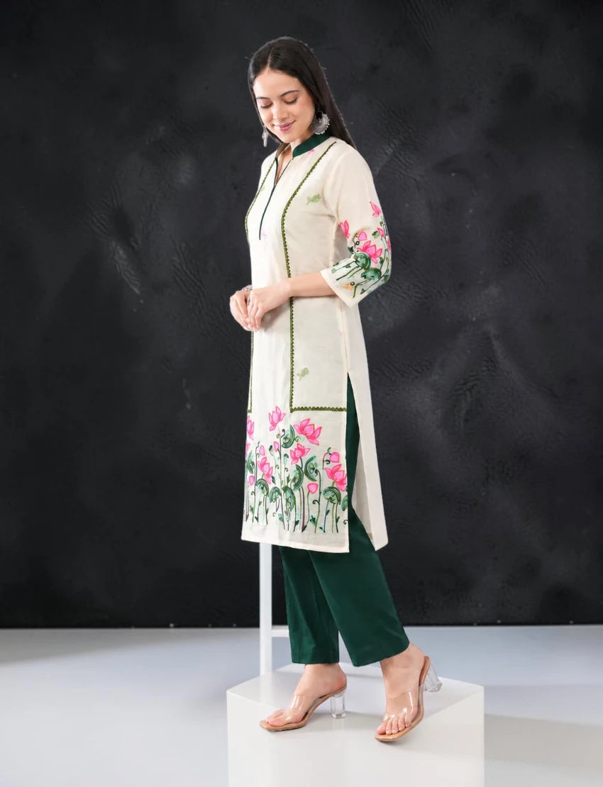 Off White Embroidered Cotton Salwar Suit Set