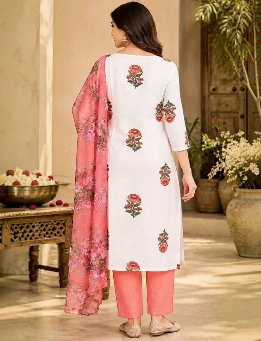 Pure Cotton Floral Kurta Set with Dupatta, White (Copy)