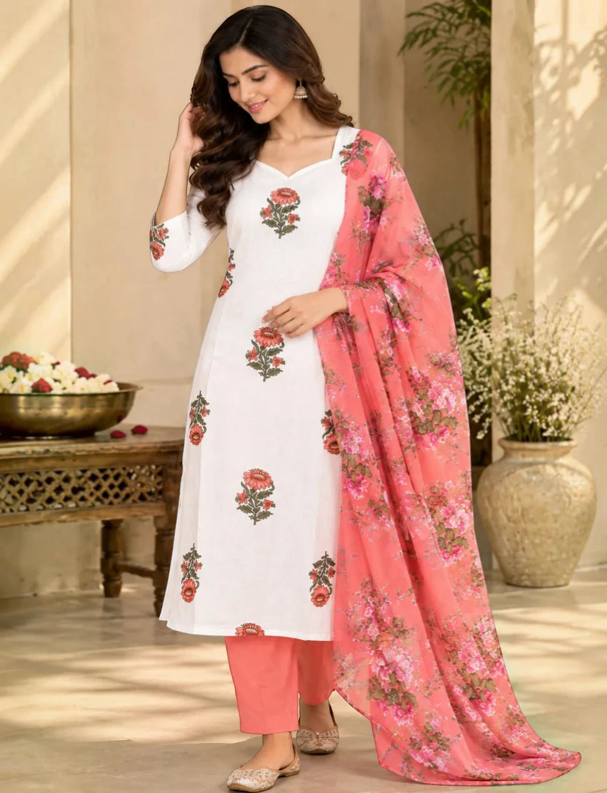 Pure Cotton Floral Kurta Set with Dupatta, White (Copy)