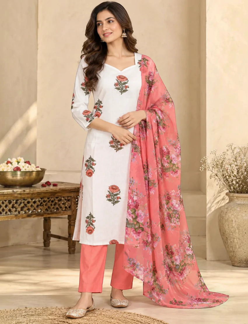 Pure Cotton Floral Kurta Set with Dupatta, White (Copy)