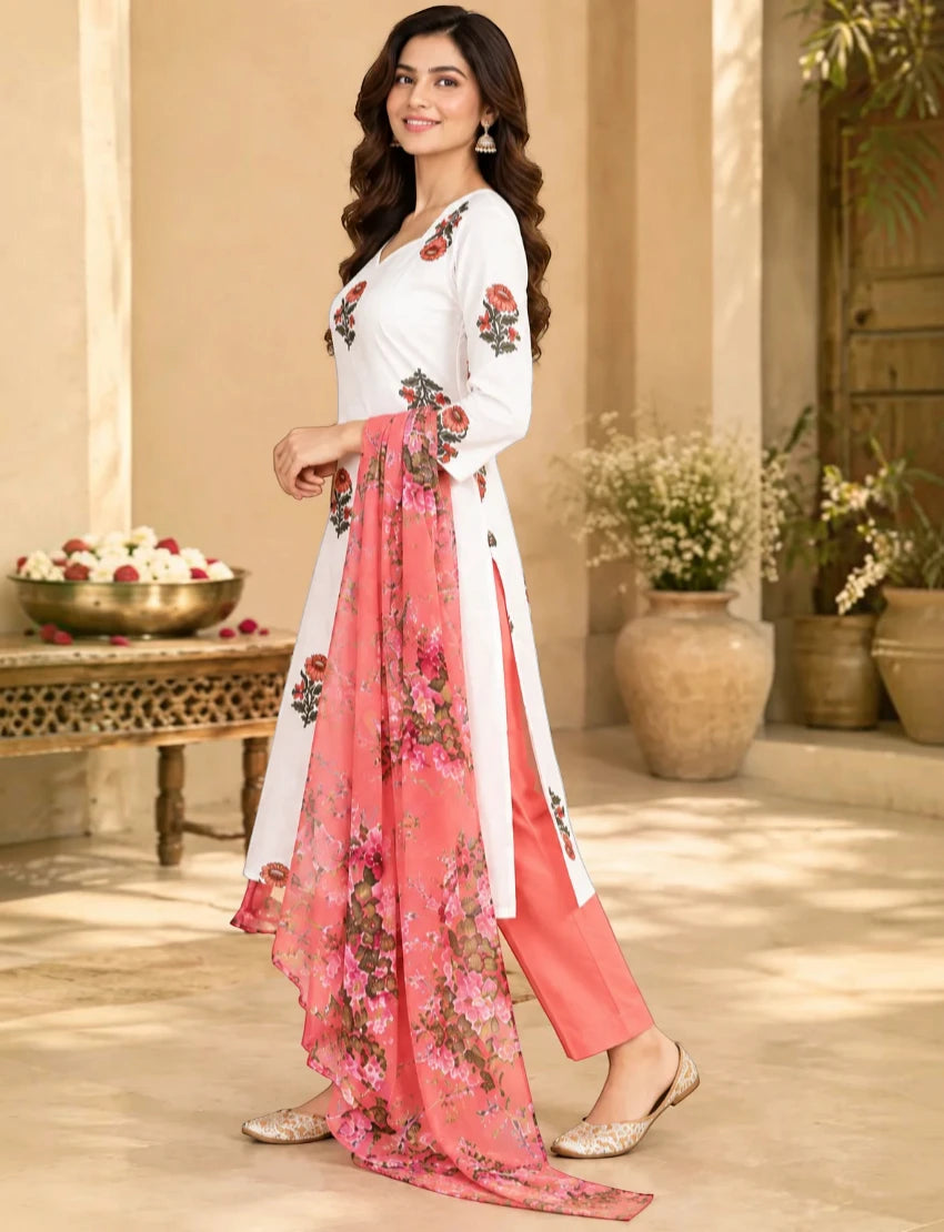 Pure Cotton Floral Kurta Set with Dupatta, White