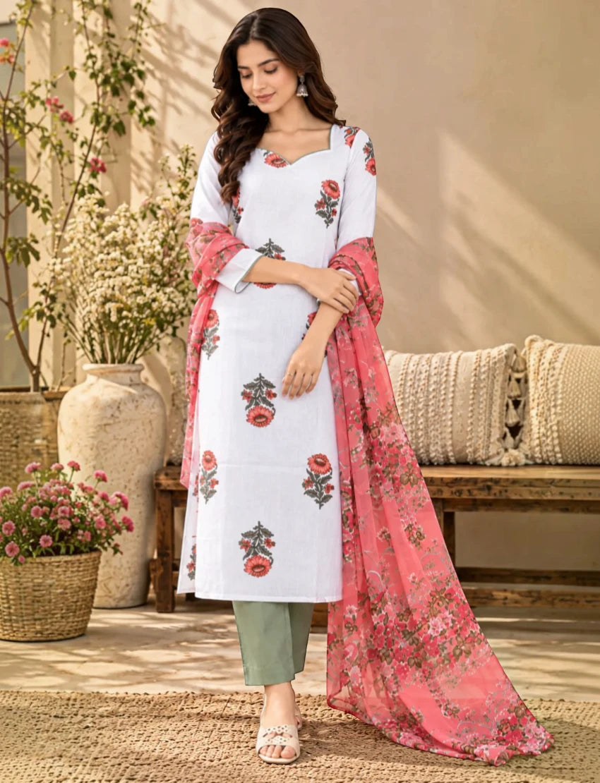 Pure Cotton Floral Kurta Set with Dupatta, White