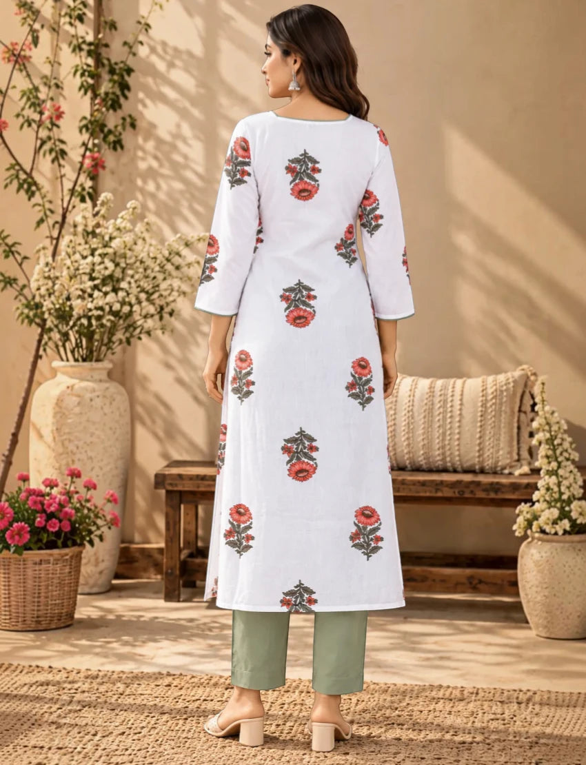Pure Cotton Floral Kurta Set with Dupatta, White