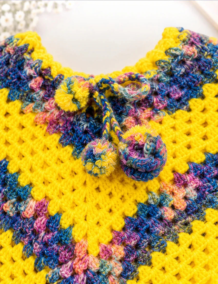 [3-6 Months] Handknitted Woolen Poncho and Cap Set for Kids, Yellow with Multicolor Pattern