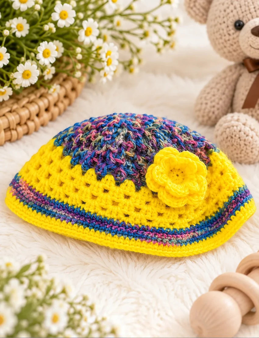 [3-6 Months] Handknitted Woolen Poncho and Cap Set for Kids, Yellow with Multicolor Pattern