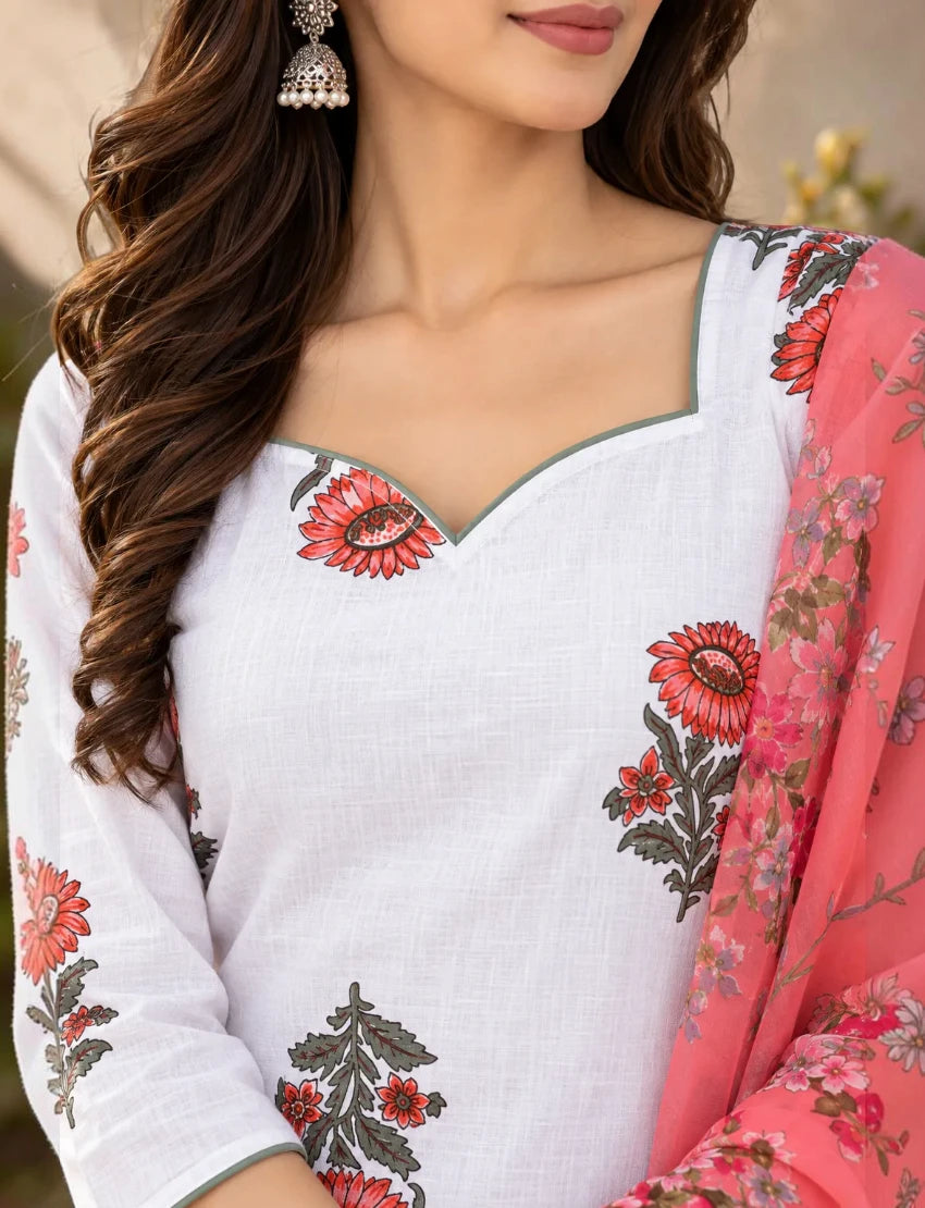 Pure Cotton Floral Kurta Set with Dupatta, White