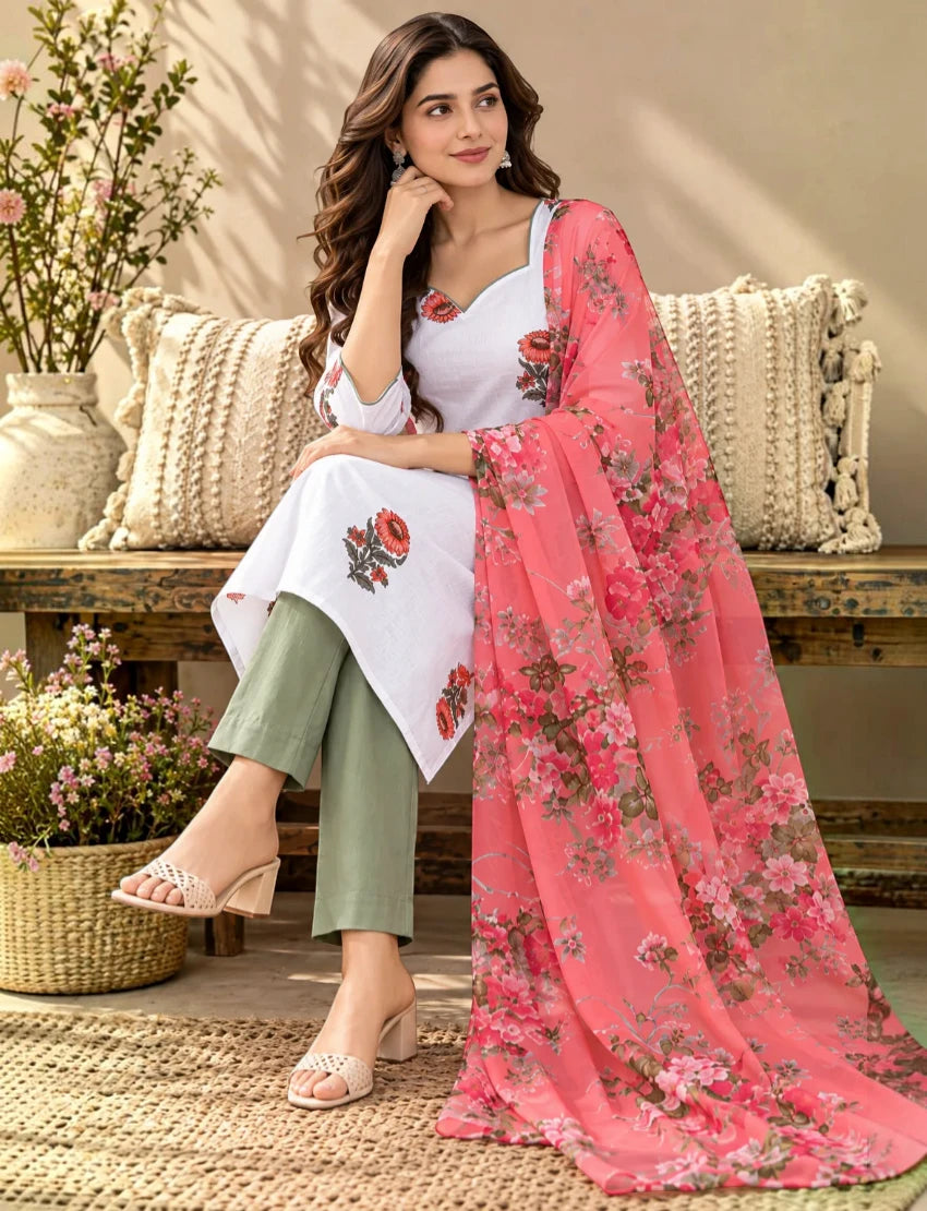 Pure Cotton Floral Kurta Set with Dupatta, White
