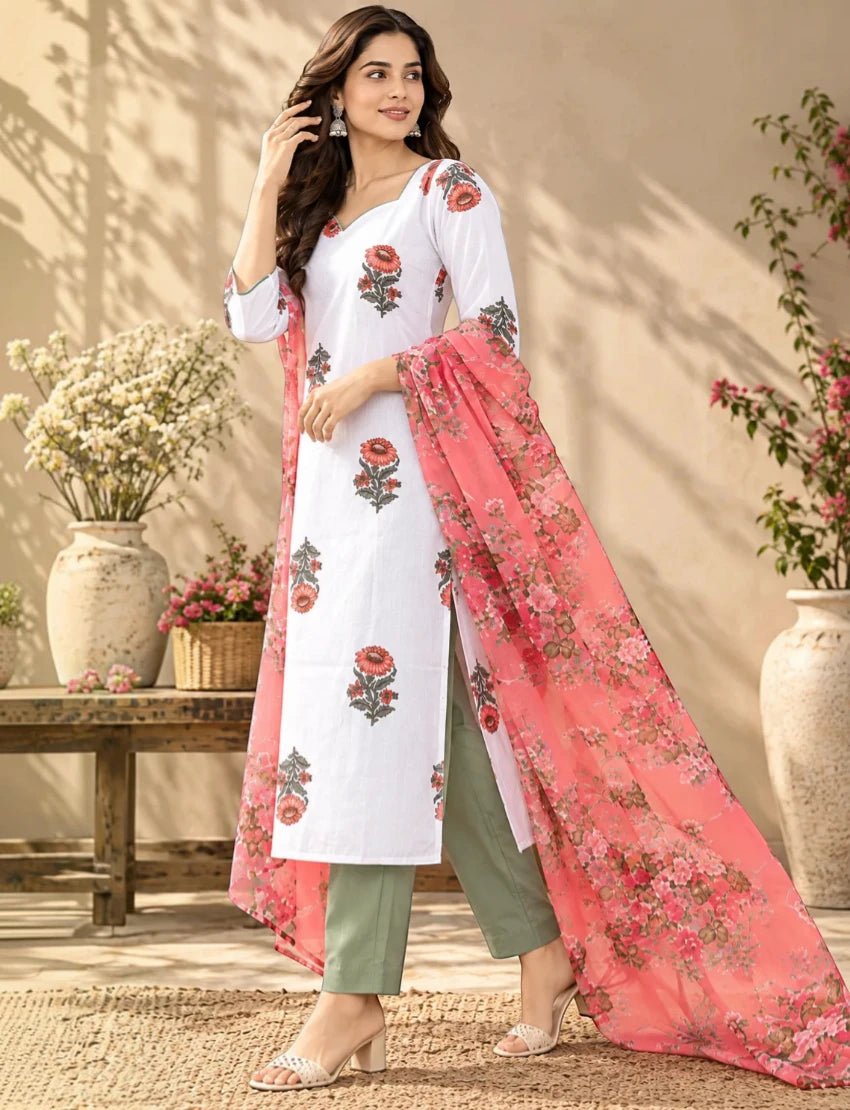Pure Cotton Floral Kurta Set with Dupatta, White