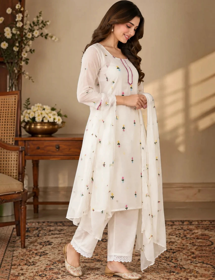 Embroidered Chiffon Salwar Suit Set, White, Floral