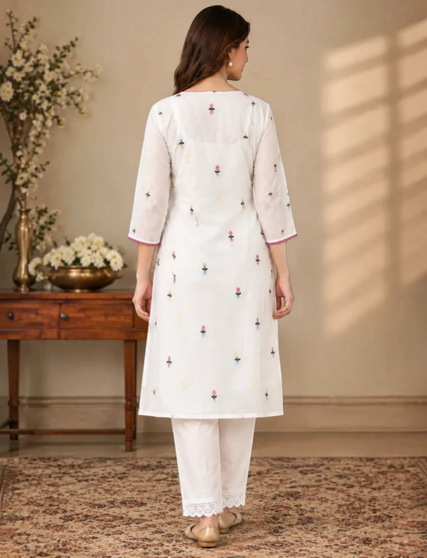 Embroidered Chiffon Salwar Suit Set, White, Floral