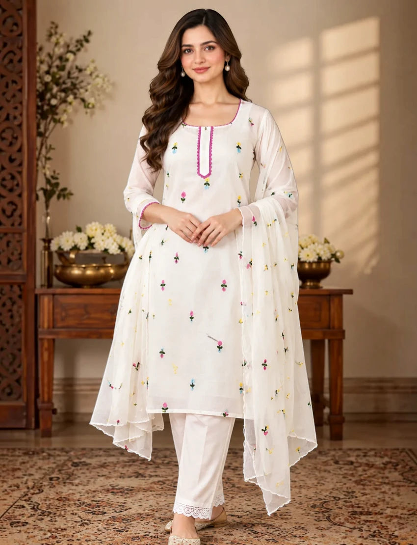 Embroidered Chiffon Salwar Suit Set, White, Floral