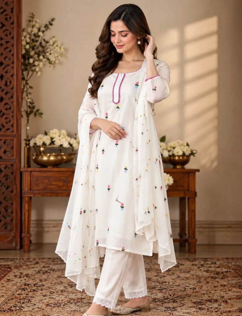 Embroidered Chiffon Salwar Suit Set, White, Floral