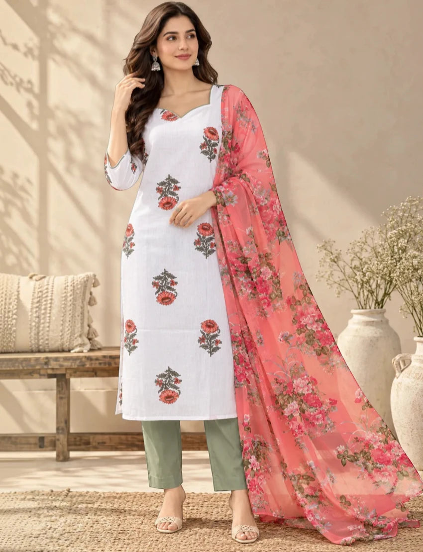 Pure Cotton Floral Kurta Set with Dupatta, White