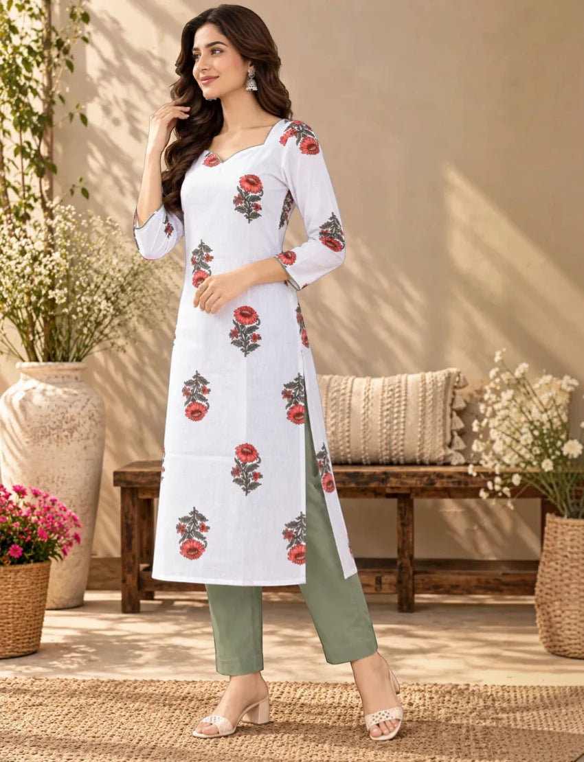 Pure Cotton Floral Kurta Set with Dupatta, White