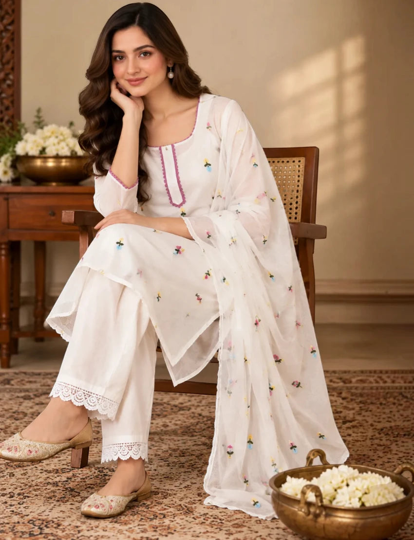 Embroidered Chiffon Salwar Suit Set, White, Floral
