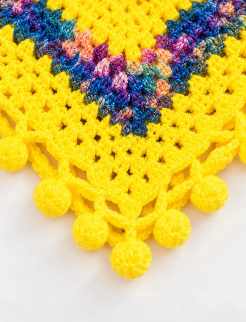 [3-6 Months] Handknitted Woolen Poncho and Cap Set for Kids, Yellow with Multicolor Pattern
