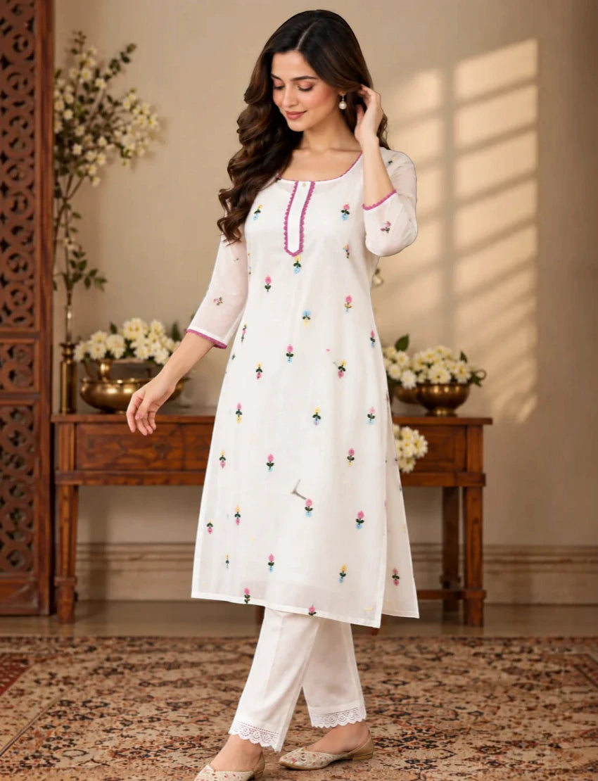 Embroidered Chiffon Salwar Suit Set, White, Floral