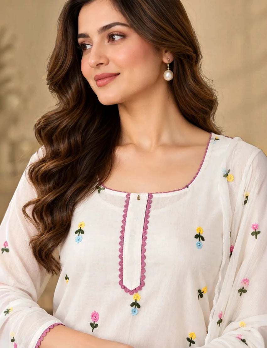 Embroidered Chiffon Salwar Suit Set, White, Floral