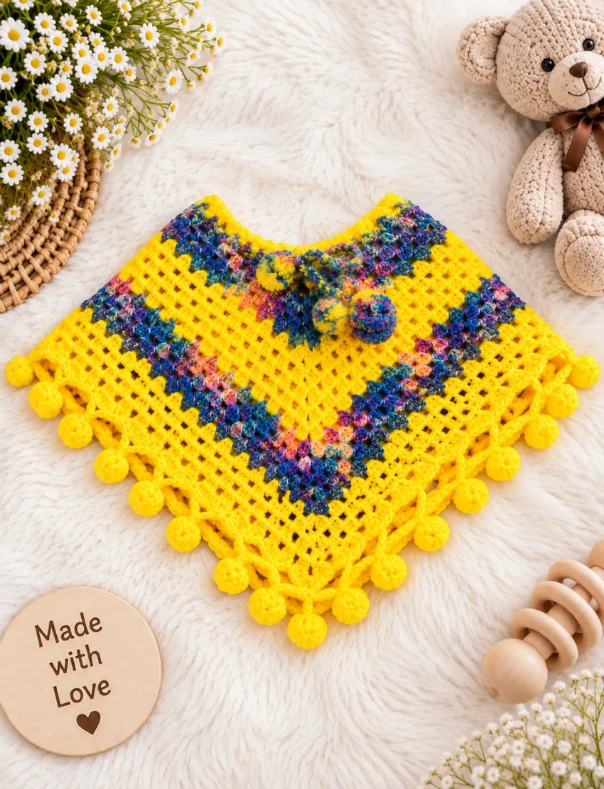 [3-6 Months] Handknitted Woolen Poncho and Cap Set for Kids, Yellow with Multicolor Pattern
