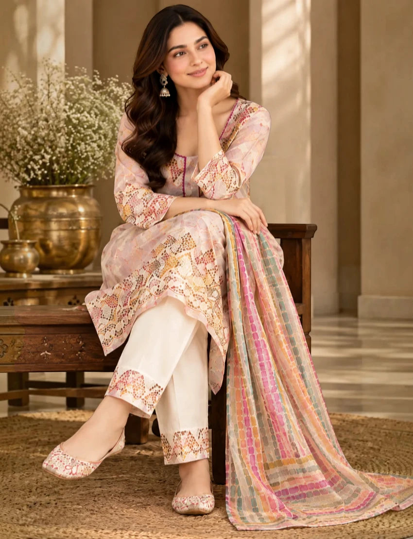 Chikan Pure Cotton Salwar Suit Set, Multi. kota doriya dupatta